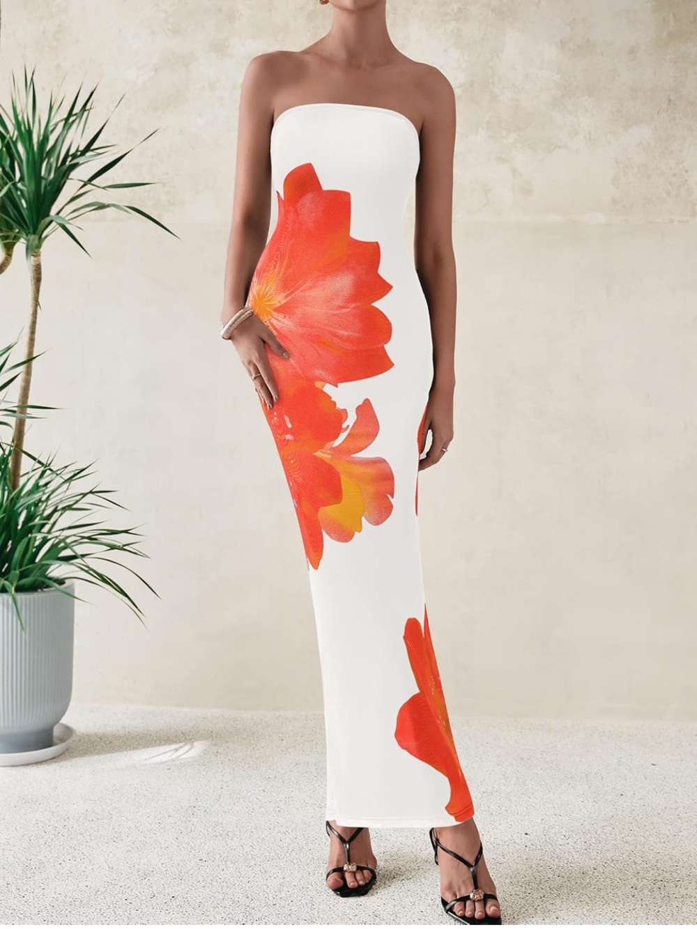 Amazon Strapless White Maxi Dress with Orange Floral Print - Picture 2 of 3